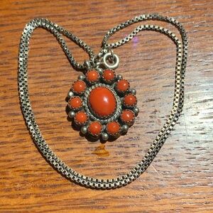 Sterling Navajo Petite Point Coral Pendant Necklace
